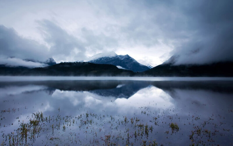 Mountain Lake Reflection — Blue, Serene, Morning, Photograph, Mountains, Clouds, Fog