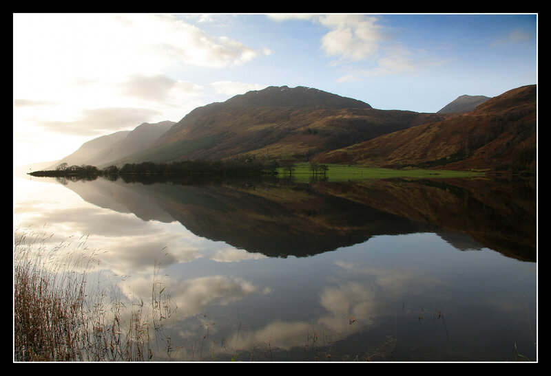 Mountain Lake Reflection — Blue, Serene, Morning, Photograph, Mountains, Clouds