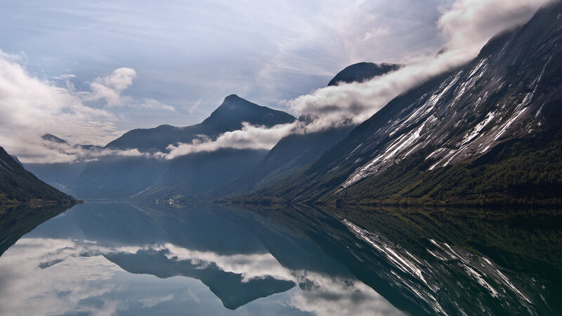 Mountain Lake Reflection — Blue, Serene, Morning, Photograph, Mountains, Clouds, Water