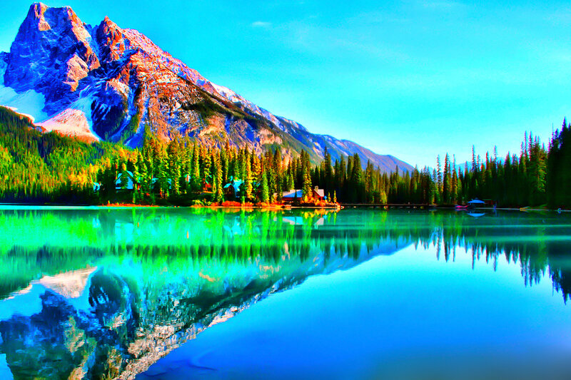 Mountain Lake Reflection — Blue, Serene, Morning, Photograph, Mountains, Forest, Cabin