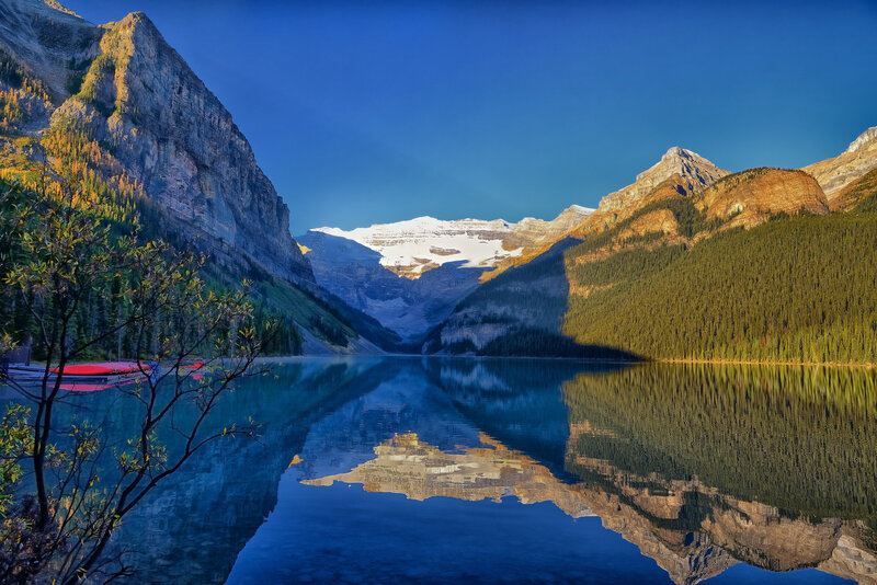 Mountain Lake Reflection — Blue, Serene, Morning, Photograph, Mountains, Forest, Canoe