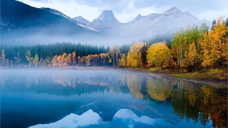 Mountain Lake Reflection — Blue, Serene, Morning, Photograph, Mountains, Forest, Mist