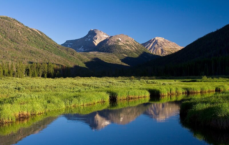 Mountain Lake Reflection — Blue, Serene, Morning, Photograph, Mountains, Forest, River, Green, Brown
