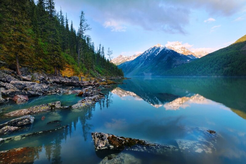 Mountain Lake Reflection — Blue, Serene, Morning, Photograph, Mountains, Forest, Rocks, Sky