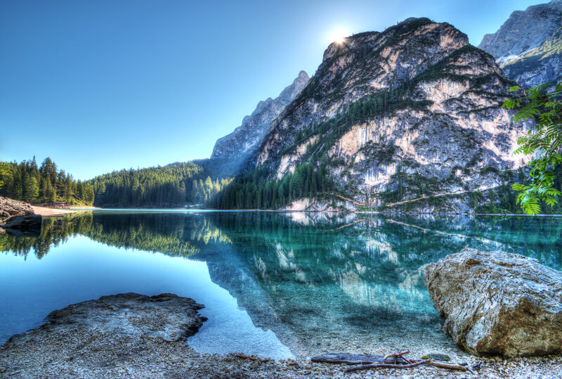 Mountain Lake Reflection — Blue, Serene, Morning, Photograph, Mountains, Forest, Rocks, Sun