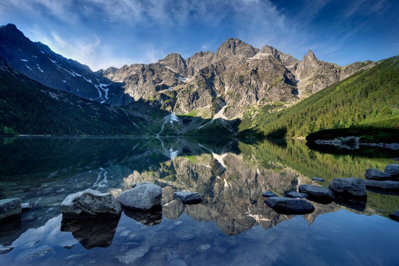 Mountain Lake Reflection — Blue, Serene, Morning, Photograph, Mountains, Forest, Rocks