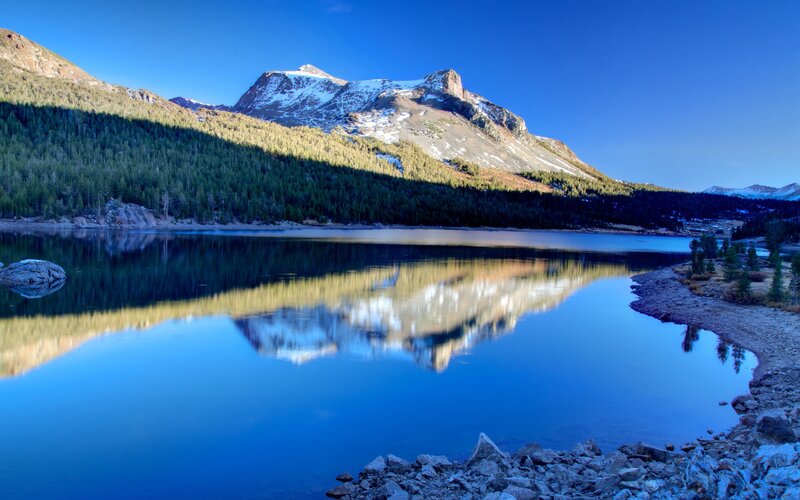 Mountain Lake Reflection — Blue, Serene, Morning, Photograph, Mountains, Forest, Snow, Green