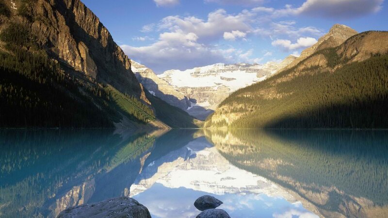 Mountain Lake Reflection — Blue, Serene, Morning, Photograph, Mountains, Forest, Snow, Sky, Green, White