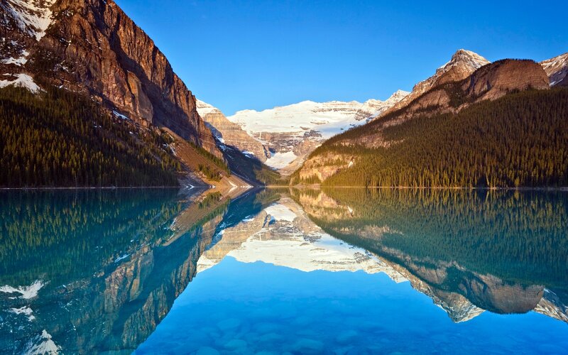 Mountain Lake Reflection — Blue, Serene, Morning, Photograph, Mountains, Forest, Snow, Sky