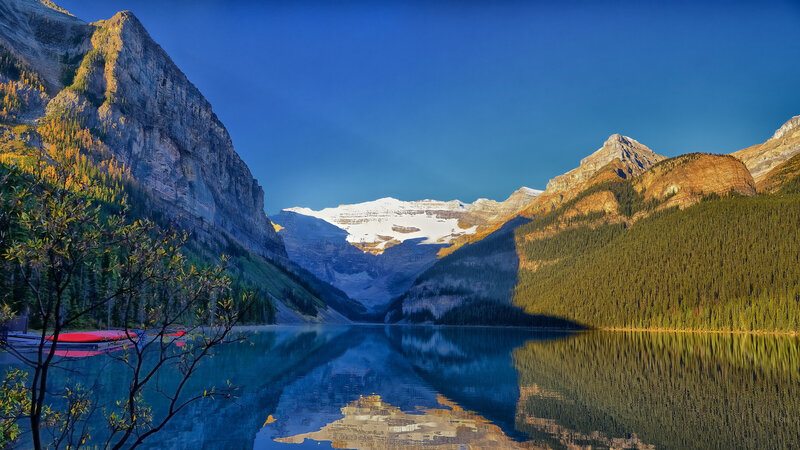 Mountain Lake Reflection — Blue, Serene, Morning, Photograph, Mountains, Forest, Snow
