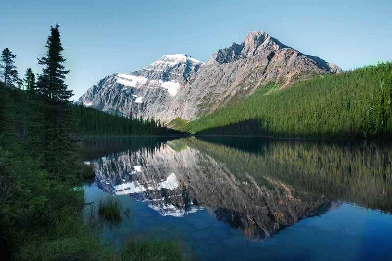 Mountain Lake Reflection — Blue, Serene, Morning, Photograph, Mountains, Forest, Trees, Green, Gray