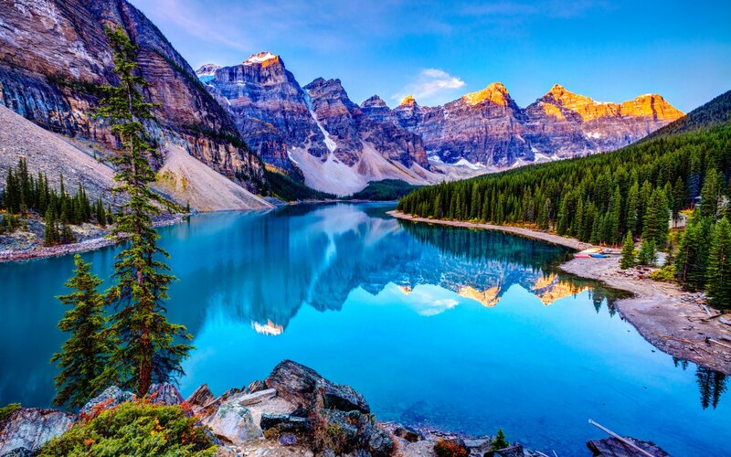 Mountain Lake Reflection — Blue, Serene, Morning, Photograph, Mountains, Forest, Trees, Rock