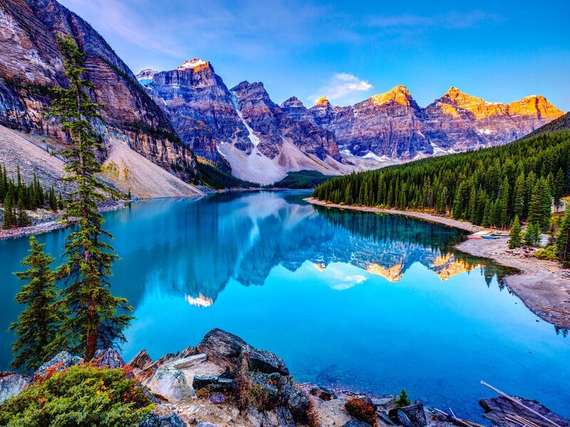 Mountain Lake Reflection — Blue, Serene, Morning, Photograph, Mountains, Forest, Trees, Rocks