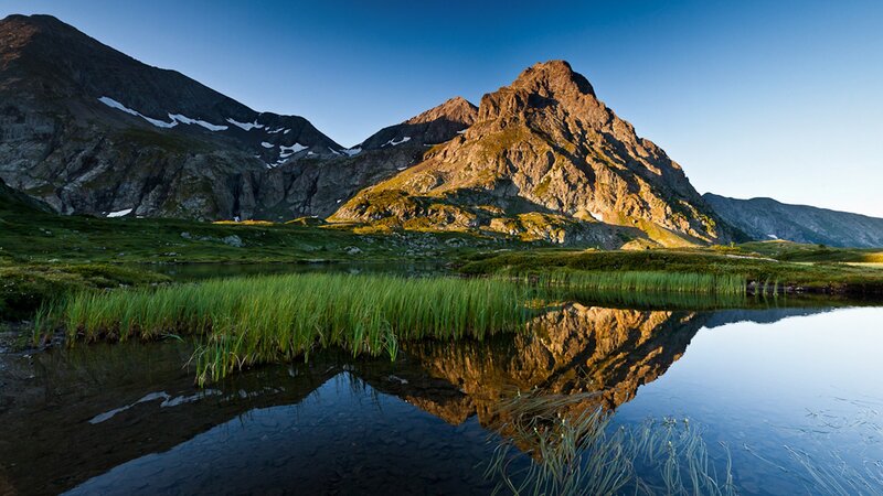 Mountain Lake Reflection — Blue, Serene, Morning, Photograph, Mountains, Grass