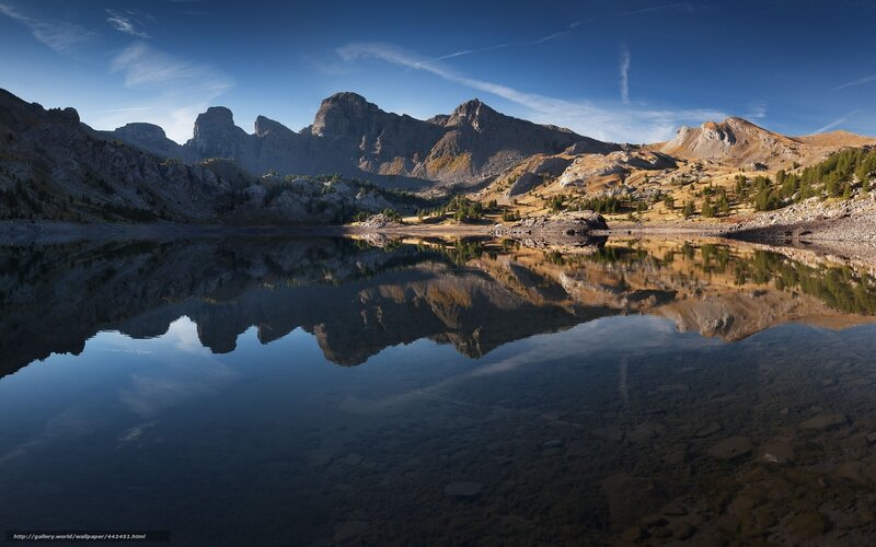 Mountain Lake Reflection — Blue, Serene, Morning, Photograph, Mountains, Sky