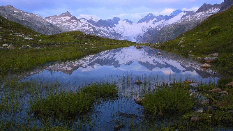Mountain Lake Reflection — Blue, Serene, Morning, Photograph, Mountains, Snow, Grass