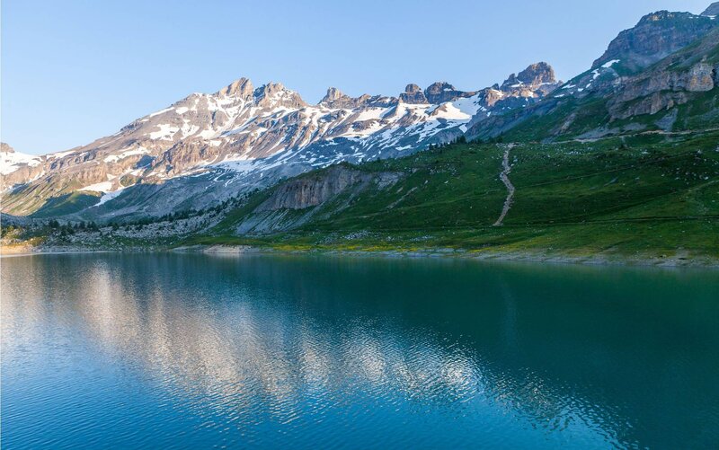 Mountain Lake Reflection — Blue, Serene, Morning, Photograph, Mountains, Snow