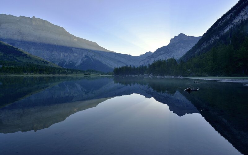 Mountain Lake Reflection — Blue, Serene, Morning, Photograph, Mountains, Trees, Boat