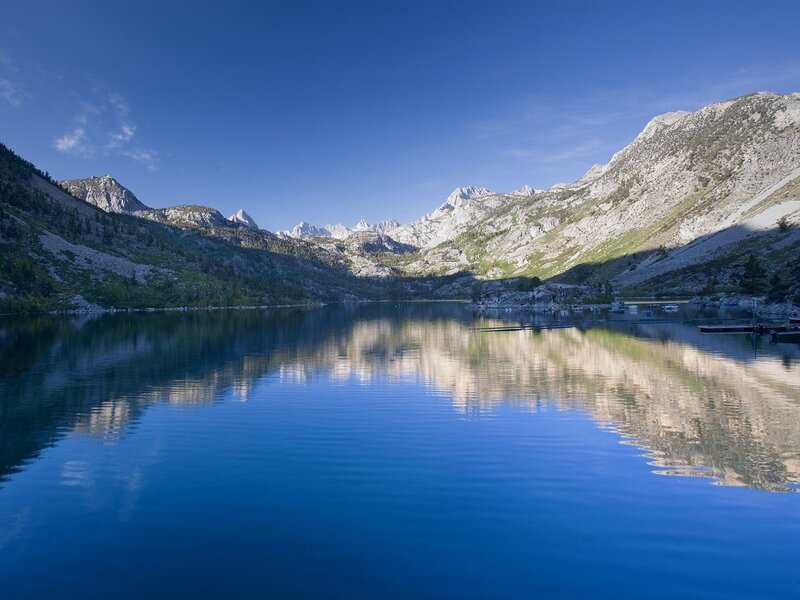 Mountain Lake Reflection — Blue, Serene, Morning, Photograph, Mountains, Trees, Boats