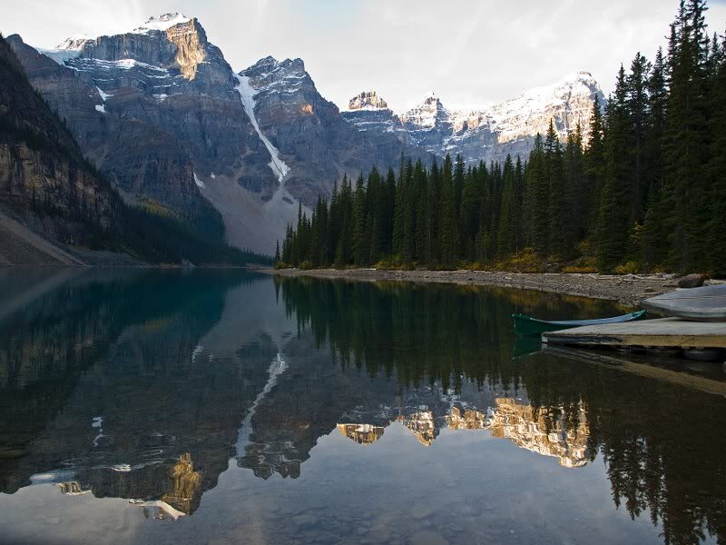 Mountain Lake Reflection — Blue, Serene, Morning, Photograph, Mountains, Trees, Canoe