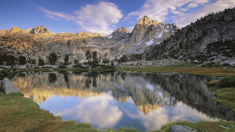 Mountain Lake Reflection — Blue, Serene, Morning, Photograph, Mountains, Trees, Clouds, Green, Gray