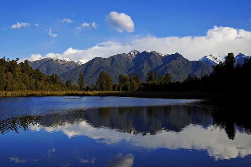 Mountain Lake Reflection — Blue, Serene, Morning, Photograph, Mountains, Trees, Clouds, Green