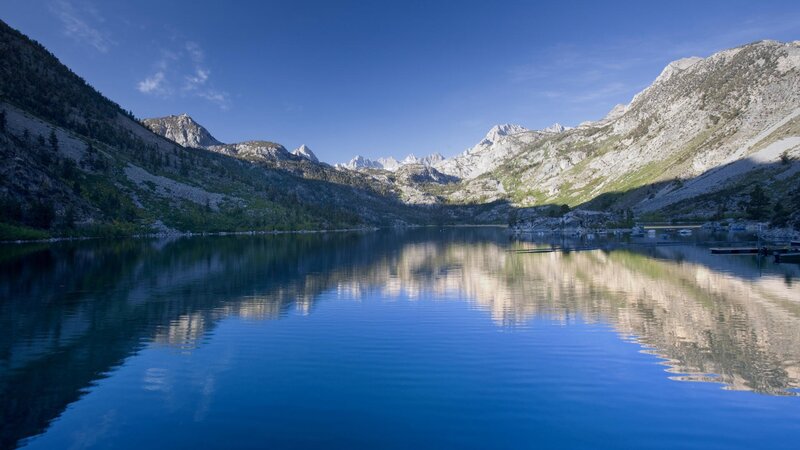 Mountain Lake Reflection — Blue, Serene, Morning, Photograph, Mountains, Trees, Docks, Green