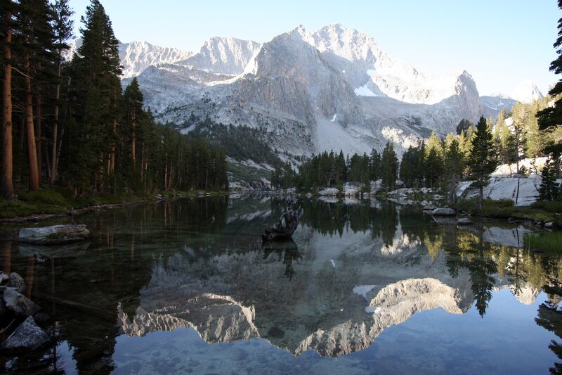 Mountain Lake Reflection — Blue, Serene, Morning, Photograph, Mountains, Trees, Green, Gray