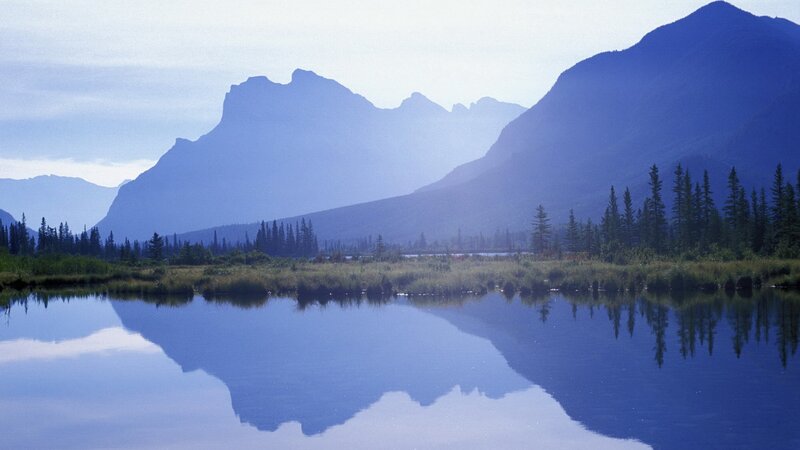 Mountain Lake Reflection — Blue, Serene, Morning, Photograph, Mountains, Trees, Green, White