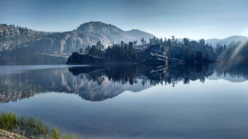 Mountain Lake Reflection — Blue, Serene, Morning, Photograph, Mountains, Trees, Island