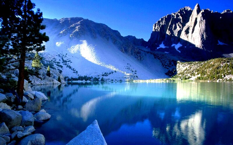 Mountain Lake Reflection — Blue, Serene, Morning, Photograph, Mountains, Trees, Rocks