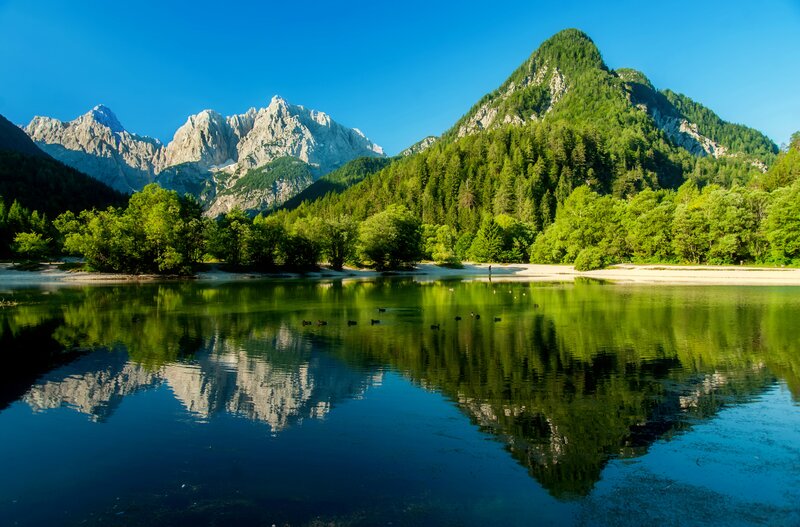 Mountain Lake Reflection — Blue, Serene, Morning, Photograph, Mountains, Trees, Sand