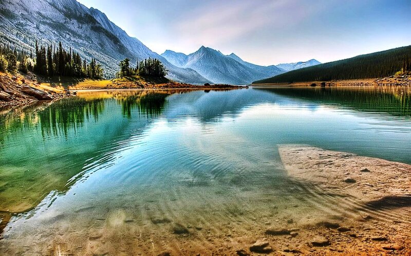 Mountain Lake Reflection — Blue, Serene, Morning, Photograph, Mountains, Trees, Shore