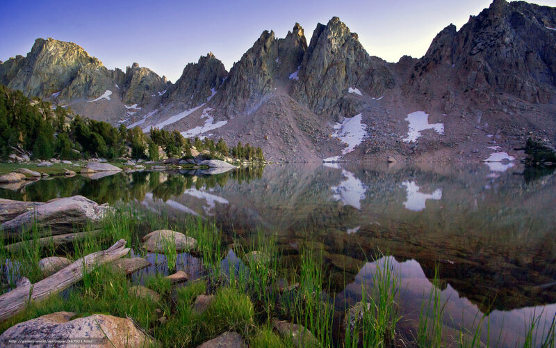 Mountain Lake Reflection — Blue, Serene, Morning, Photograph, Mountains, Trees, Snow