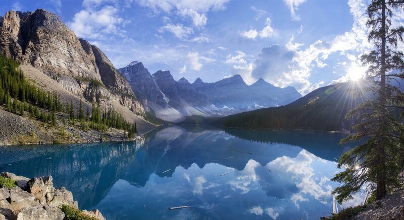Mountain Lake Reflection — Blue, Serene, Morning, Photograph, Mountains, Trees, Sunlight