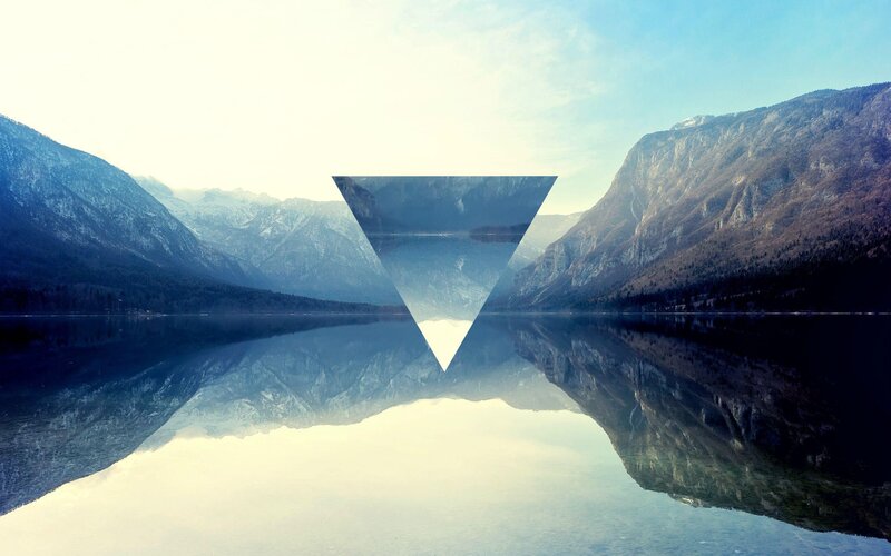 Mountain Lake Reflection — Blue, Serene, Morning, Photograph, Mountains, Triangle