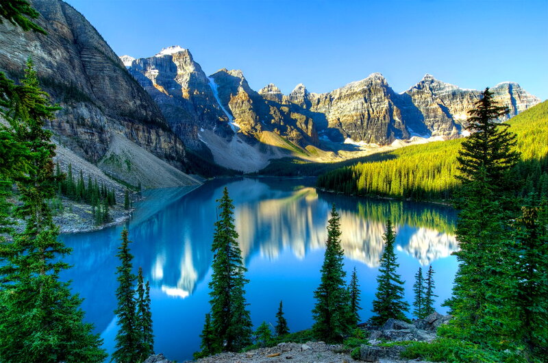 Mountain Lake Reflection — Blue, Serene, Morning, Photograph, Pine Trees
