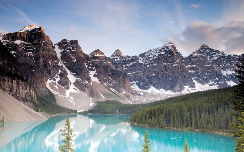 Mountain Lake Reflection — Blue, Serene, Morning, Photograph, Snow-capped Mountains, Pine Trees