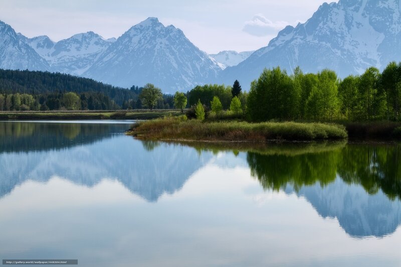 Mountain Lake Reflection — Blue, Serene, Morning, Photograph, Snow-capped Mountains, Trees
