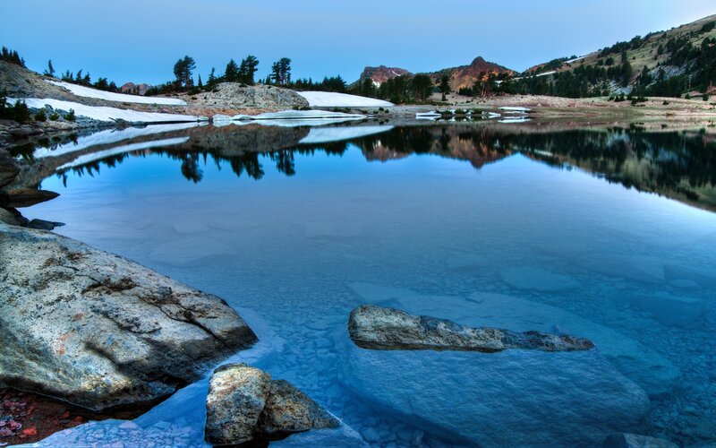 Mountain Lake Reflection — Blue, Serene, Morning, Photograph, Snow Patches