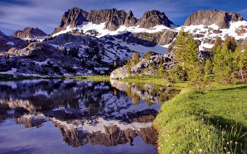 Mountain Lake Reflection — Blue, Serene, Morning, Photograph, Snow