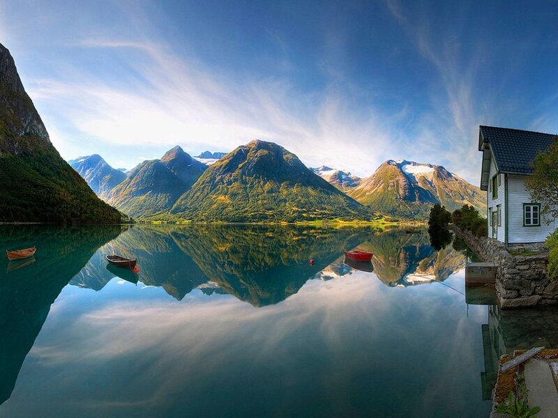 Mountain Lake Reflection — Blue, Serene, Morning, Photograph