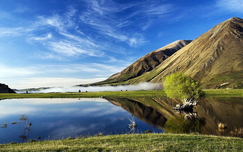 Mountain Lake Reflection — Blue, Serene, Morning, Photograph, Tree, Fog