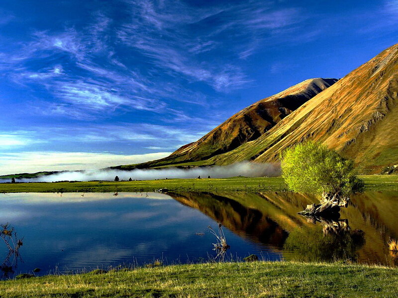 Mountain Lake Reflection — Blue, Serene, Morning, Photograph, Tree