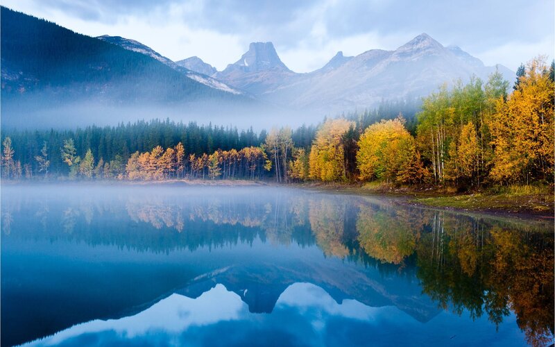 Mountain Lake Reflection — Blue, Serene, Morning, Photograph, Trees, Fog, Mountains