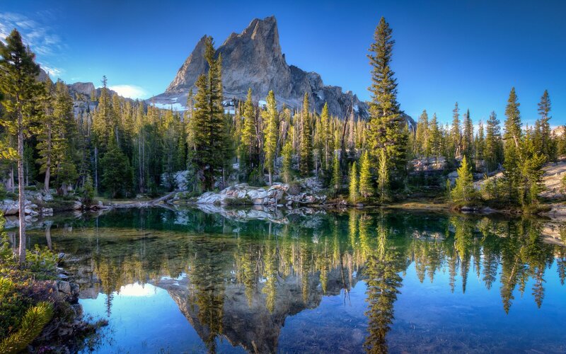 Mountain Lake Reflection — Blue, Serene, Morning, Photograph, Trees, Forest