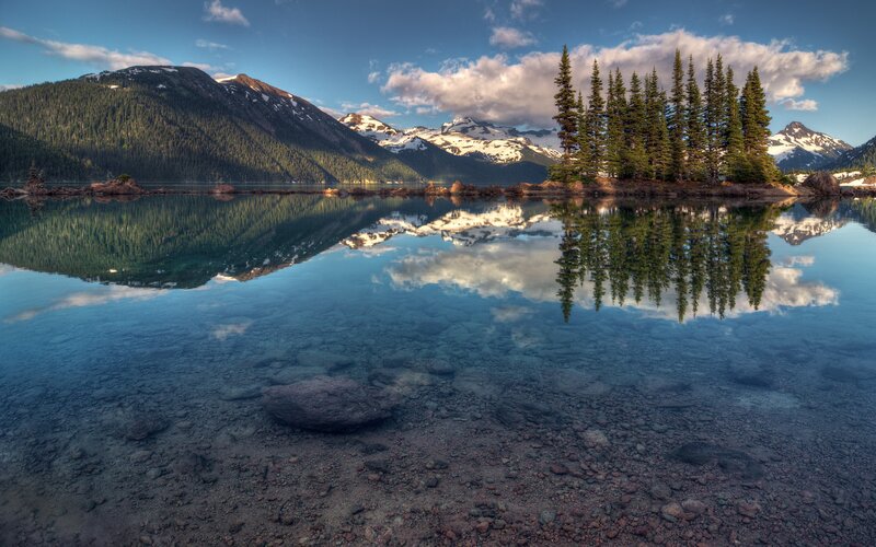 Mountain Lake Reflection — Blue, Serene, Morning, Photograph, Trees, Mountains, Clouds, Green