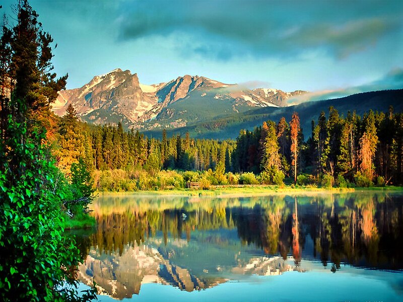 Mountain Lake Reflection — Blue, Serene, Morning, Photograph, Trees, Mountains, Forest