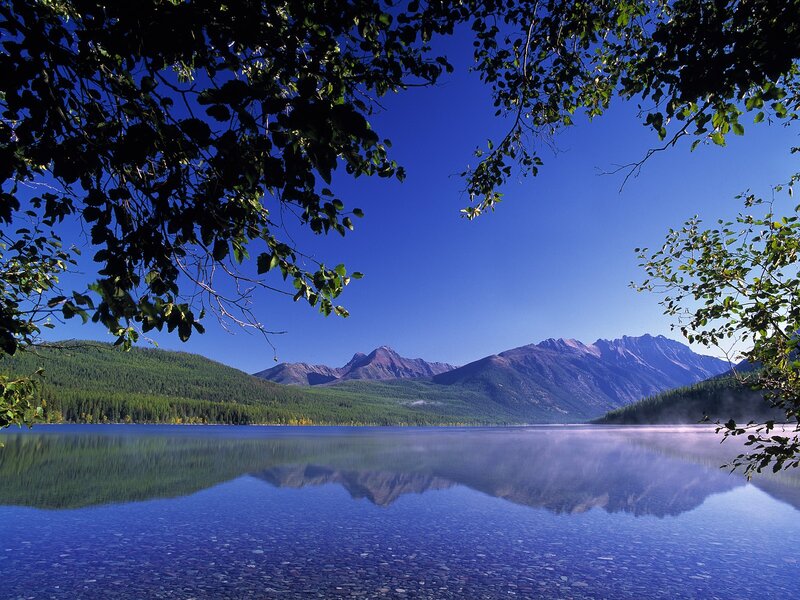 Mountain Lake Reflection — Blue, Serene, Morning, Photograph, Trees, Mountains, Green, Brown