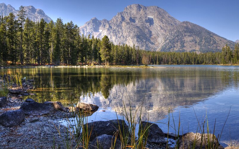 Mountain Lake Reflection — Blue, Serene, Morning, Photograph, Trees, Mountains, Rocks